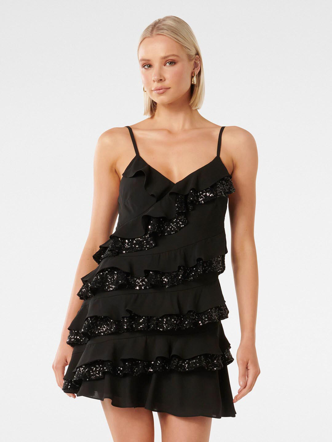 

Forever New Shoulder Strap Sequinned Ruffled A-line Mini Dress, Black