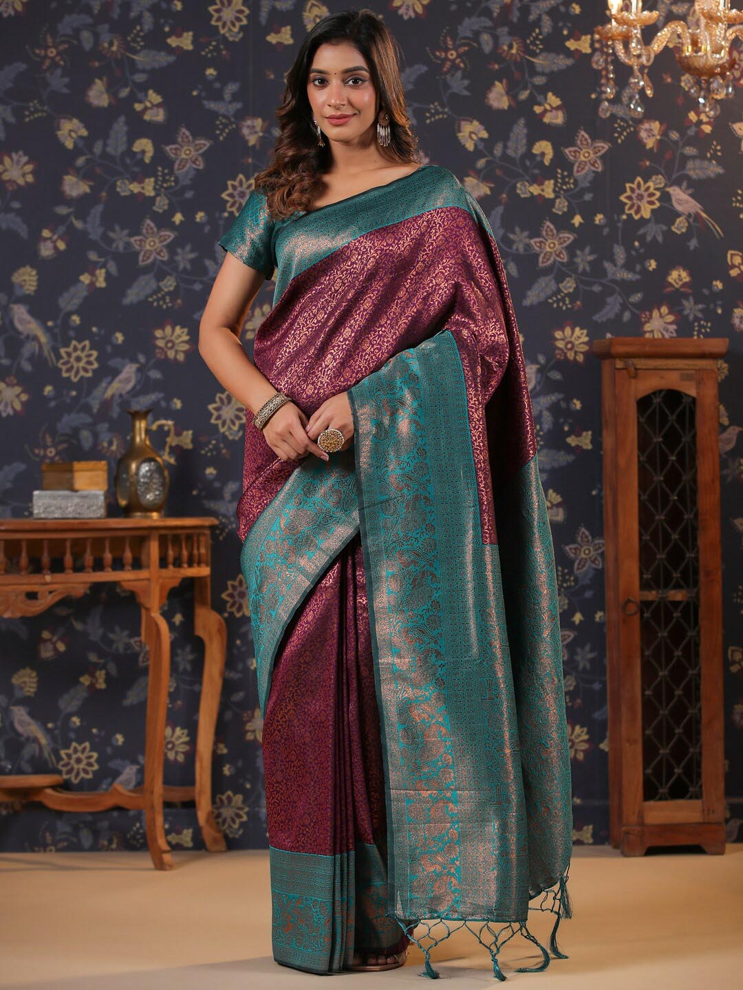 

House of Pataudi Ethnic Motifs Woven Design Silk Blend Kanjeevaram Sarees, Burgundy