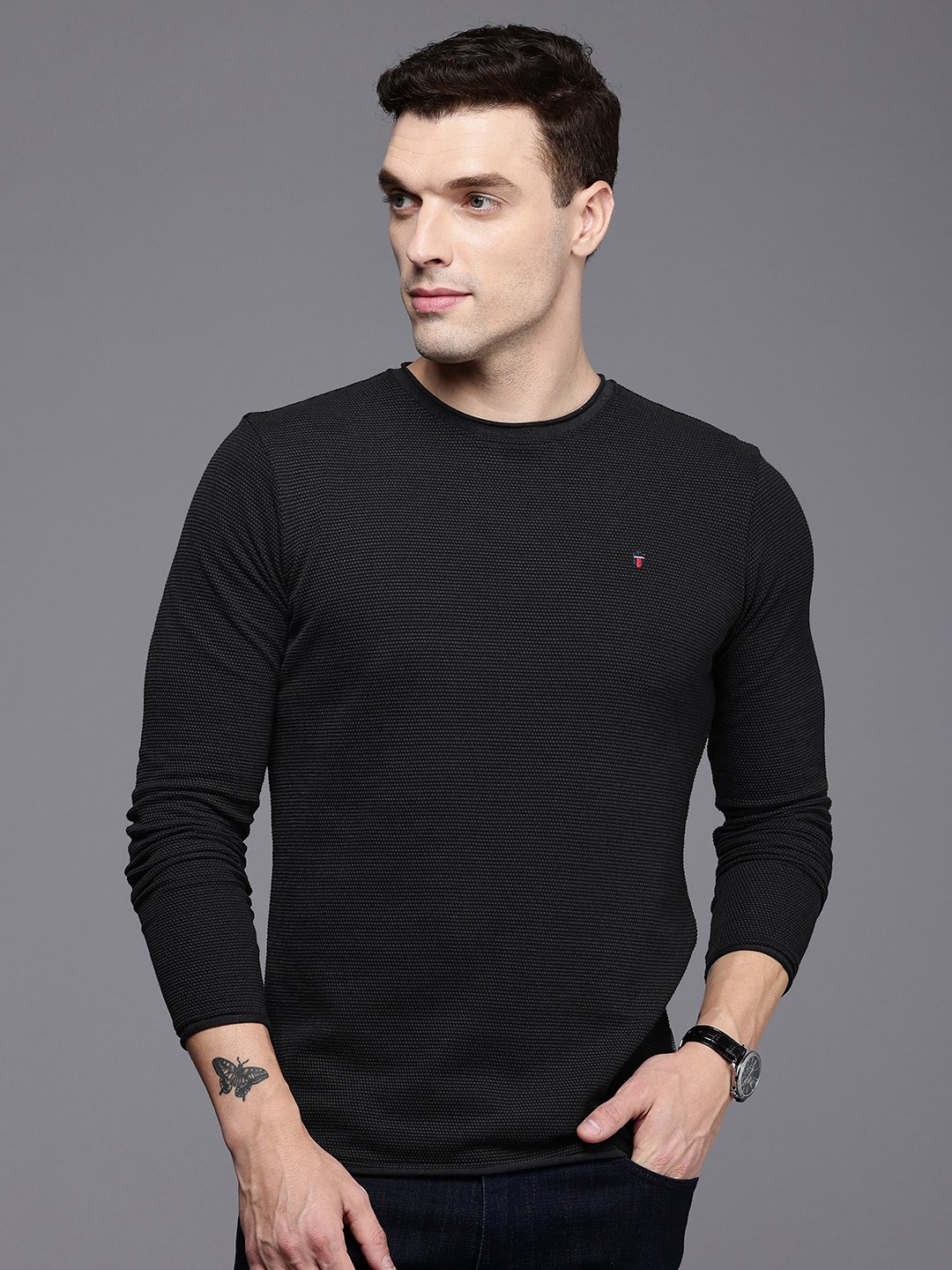 

Louis Philippe Jeans Self Design Textured Pure Cotton Slim Fit T-shirt, Black