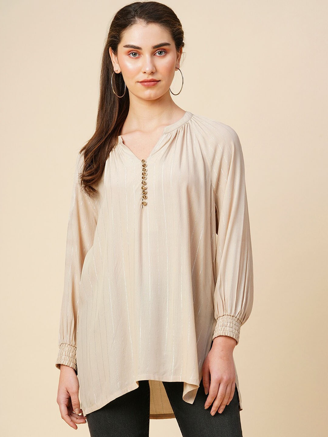 

Modern Indian by CHEMISTRY Vertical Striped Mandarin Collar Longline Tops, Beige