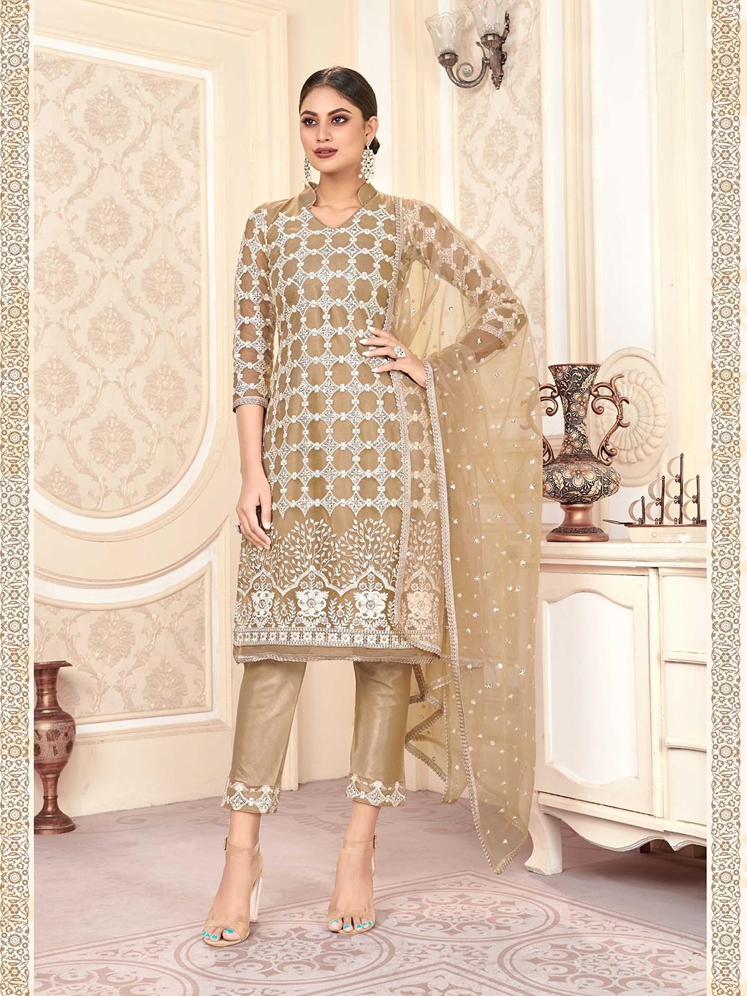 

Panzora Ethnic Motifs Embroidered Sequinned Unstitched Dress Material, Beige