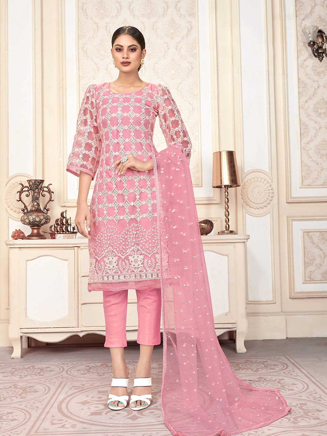 

Panzora Ethnic Motif Embroidered Unstitched Dress Material, Pink
