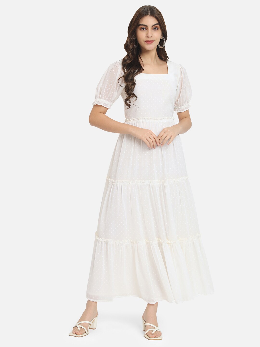 

ALL WAYS YOU Self Design Square Neck Puff Sleeve Gathered Tiered Georgette Maxi Dress, Cream