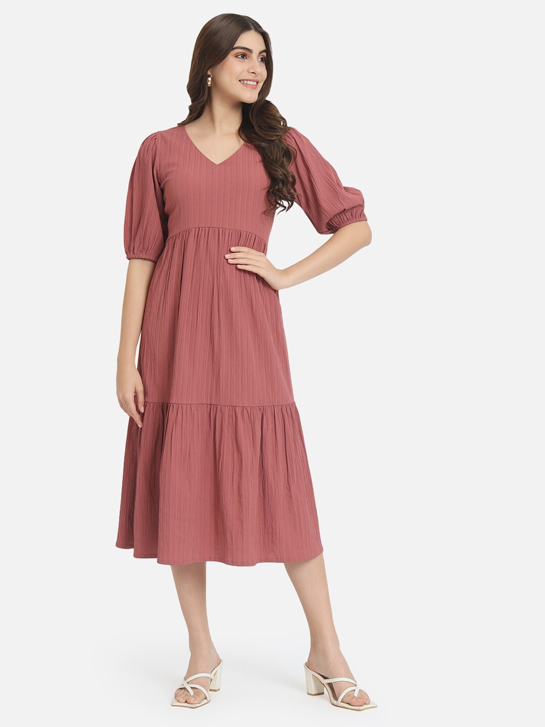 

ALL WAYS YOU V-Neck Puff Sleeves Gathered Tiered A-Line Midi Dress, Pink