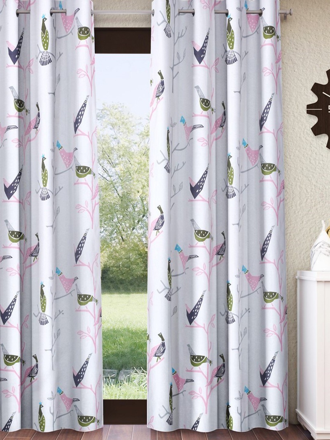 

Home Sizzler White & Pink Quirky Printed Pure Cotton Room Darkening Door Curtain