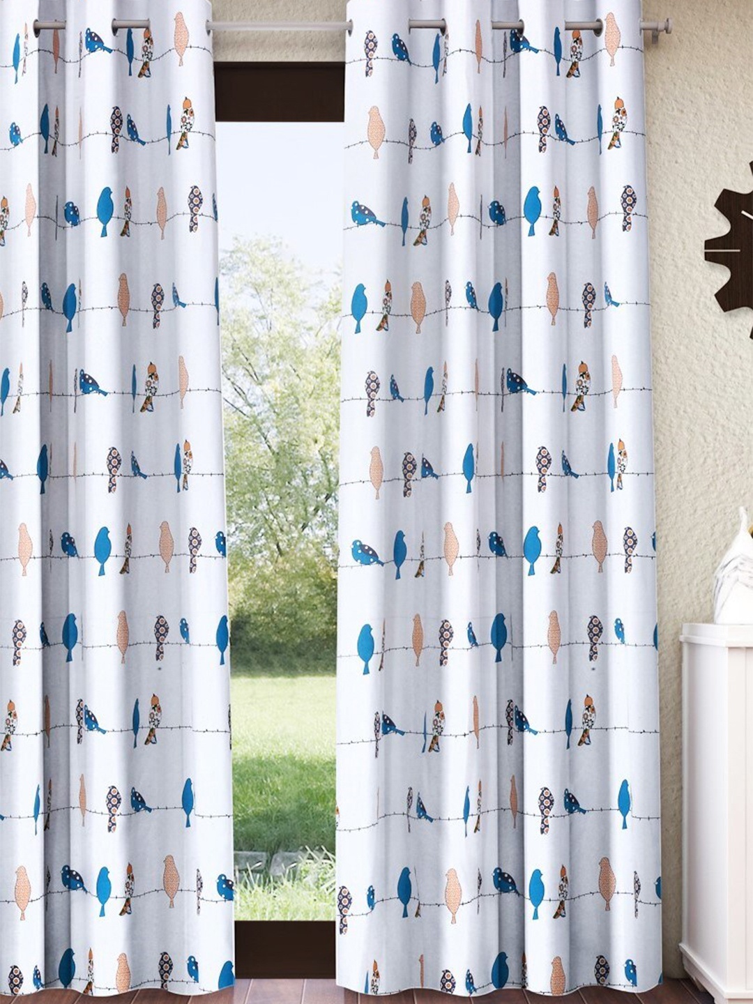 

Home Sizzler White & Blue Quirky Printed Pure Cotton Room Darkening Door Curtain