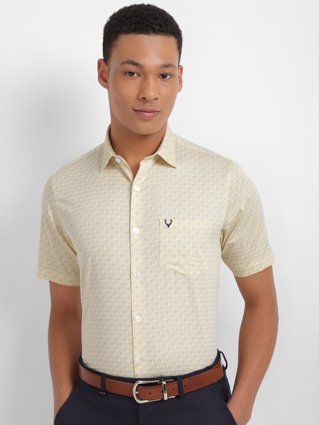 

Allen Solly Spread Collar Slim Fit Micro Printed Formal Pure Cotton Shirt, Yellow