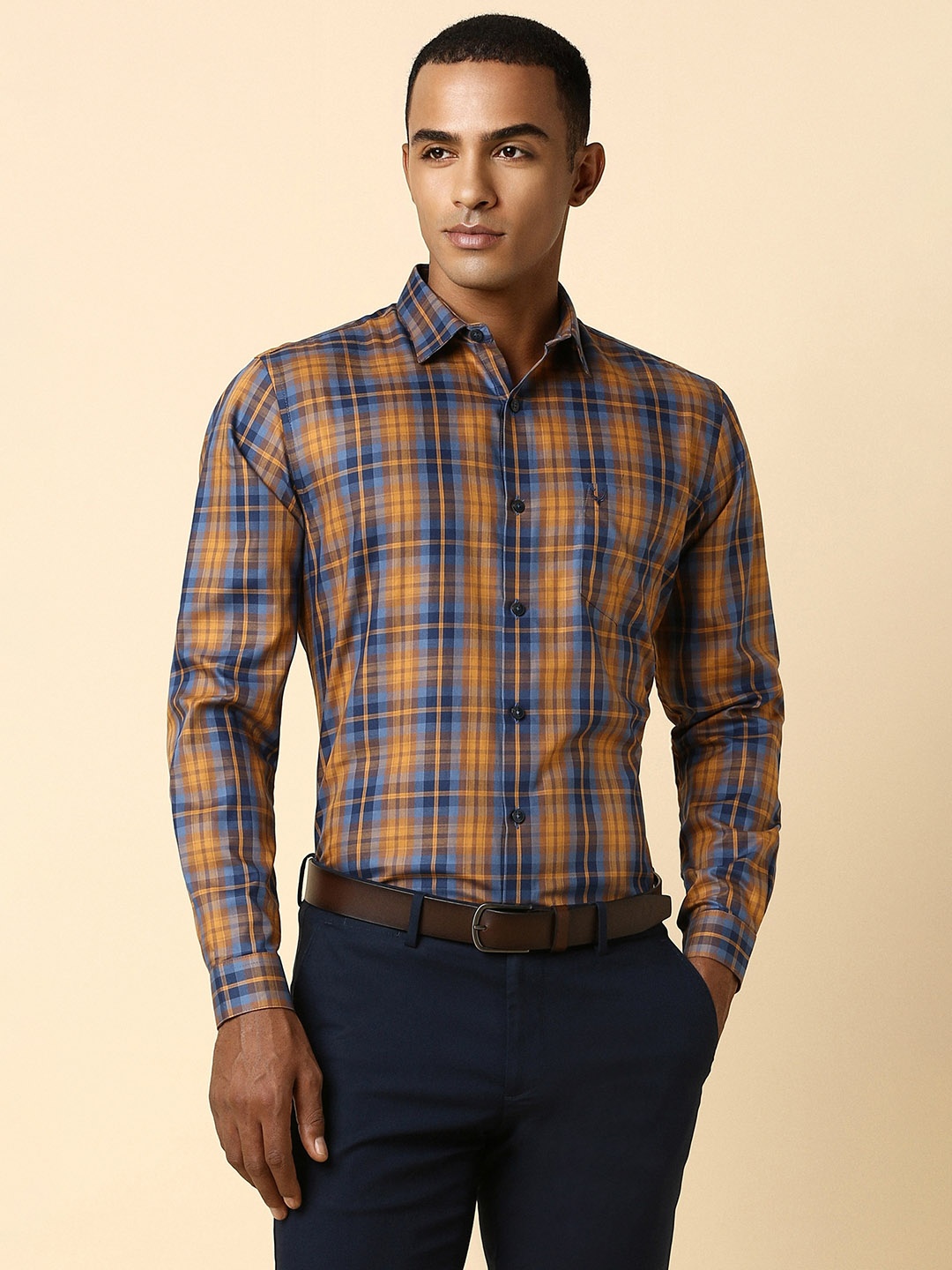 

Allen Solly Checked Cotton Spread Collar Long Sleeves Slim Fit Formal Shirt, Yellow