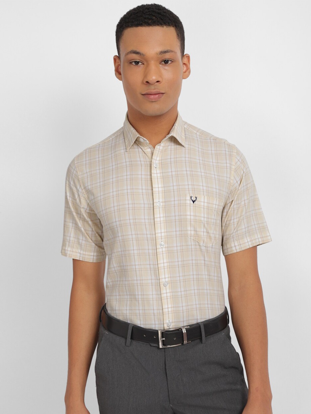 

Allen Solly Spread Collar Slim Fit Checked Formal Pure Cotton Shirt, Beige