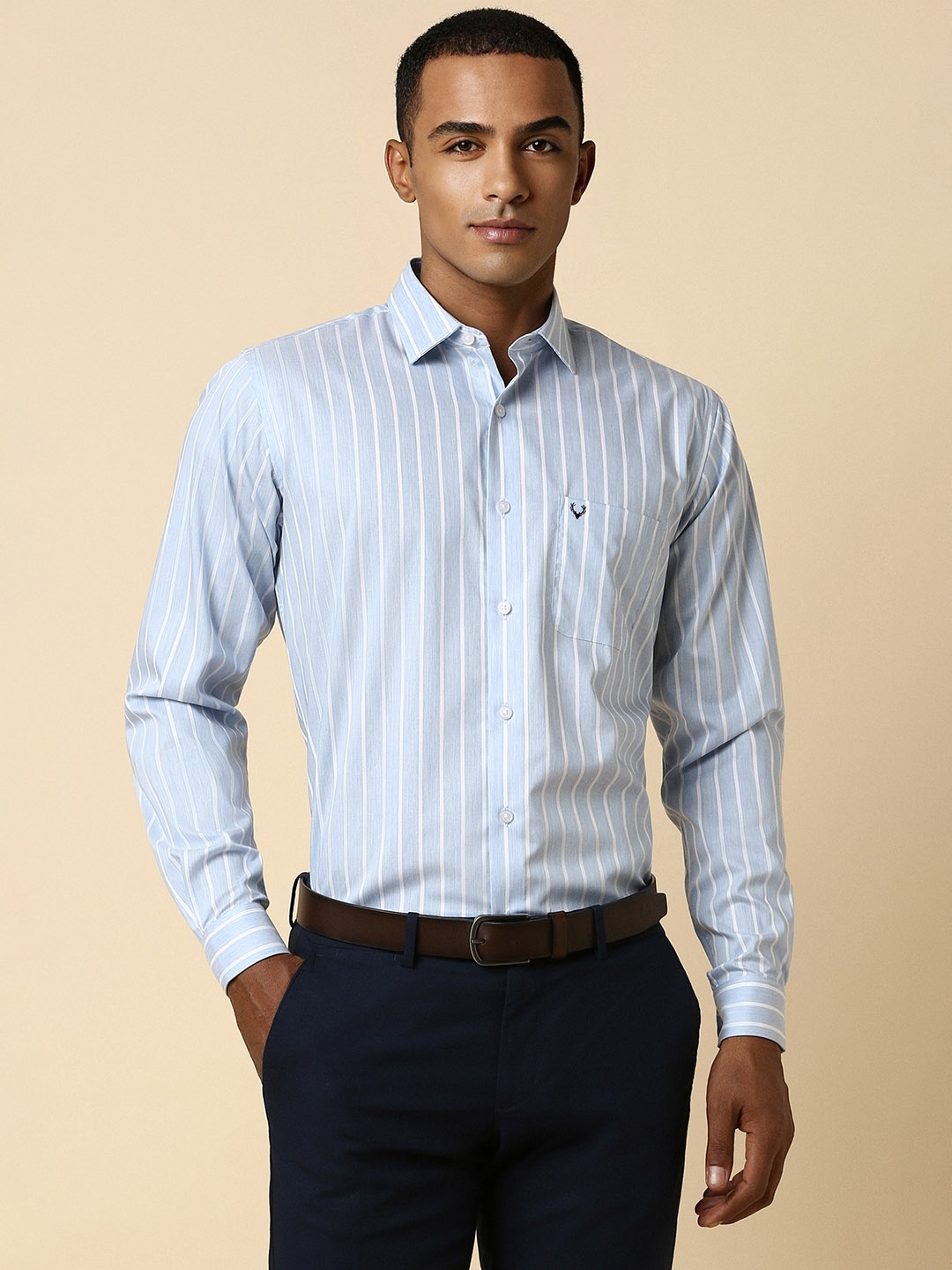 

Allen Solly Spread Collar Slim Fit Striped Cotton Formal Shirt, Blue