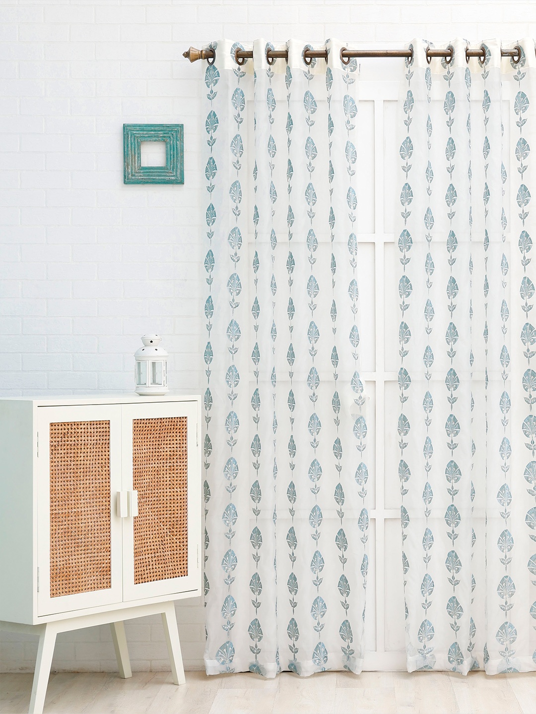 

Ariana Turquoise Blue & White Floral Sheer Long Door Curtain