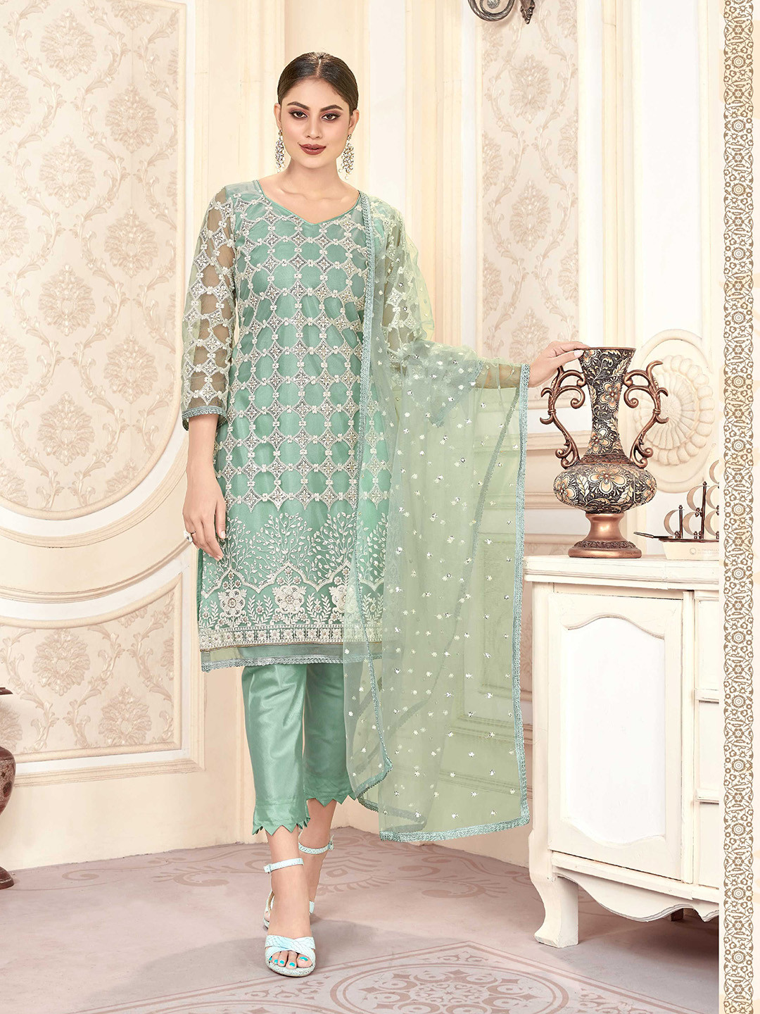 

KALINI Ethnic Motifs Embroidered Sequinned Detailed Net Unstitched Dress Material, Blue
