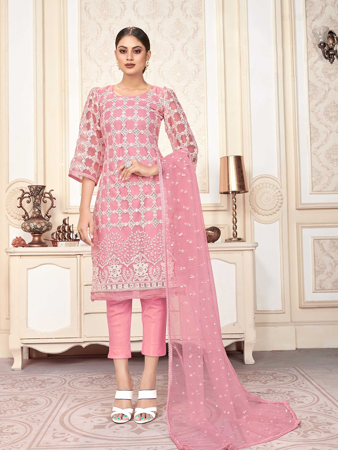 

KALINI Ethnic Motifs Embroidered Sequinned Detailed Net Unstitched Dress Material, Pink