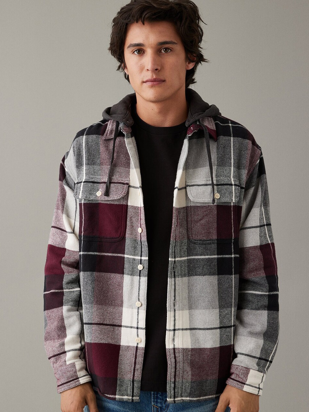 

AMERICAN EAGLE OUTFITTERS Tartan Checked Hooded Flannel Pure Cotton Casual Shirt, Purple