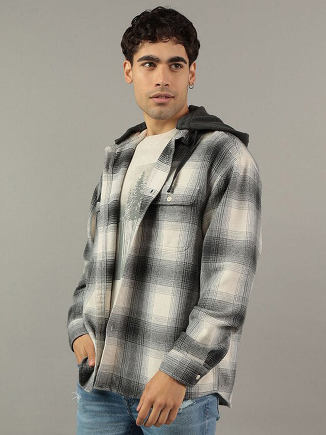 

AMERICAN EAGLE OUTFITTERS Tartan Checked Hooded Flannel Pure Cotton Casual Shirt, Grey