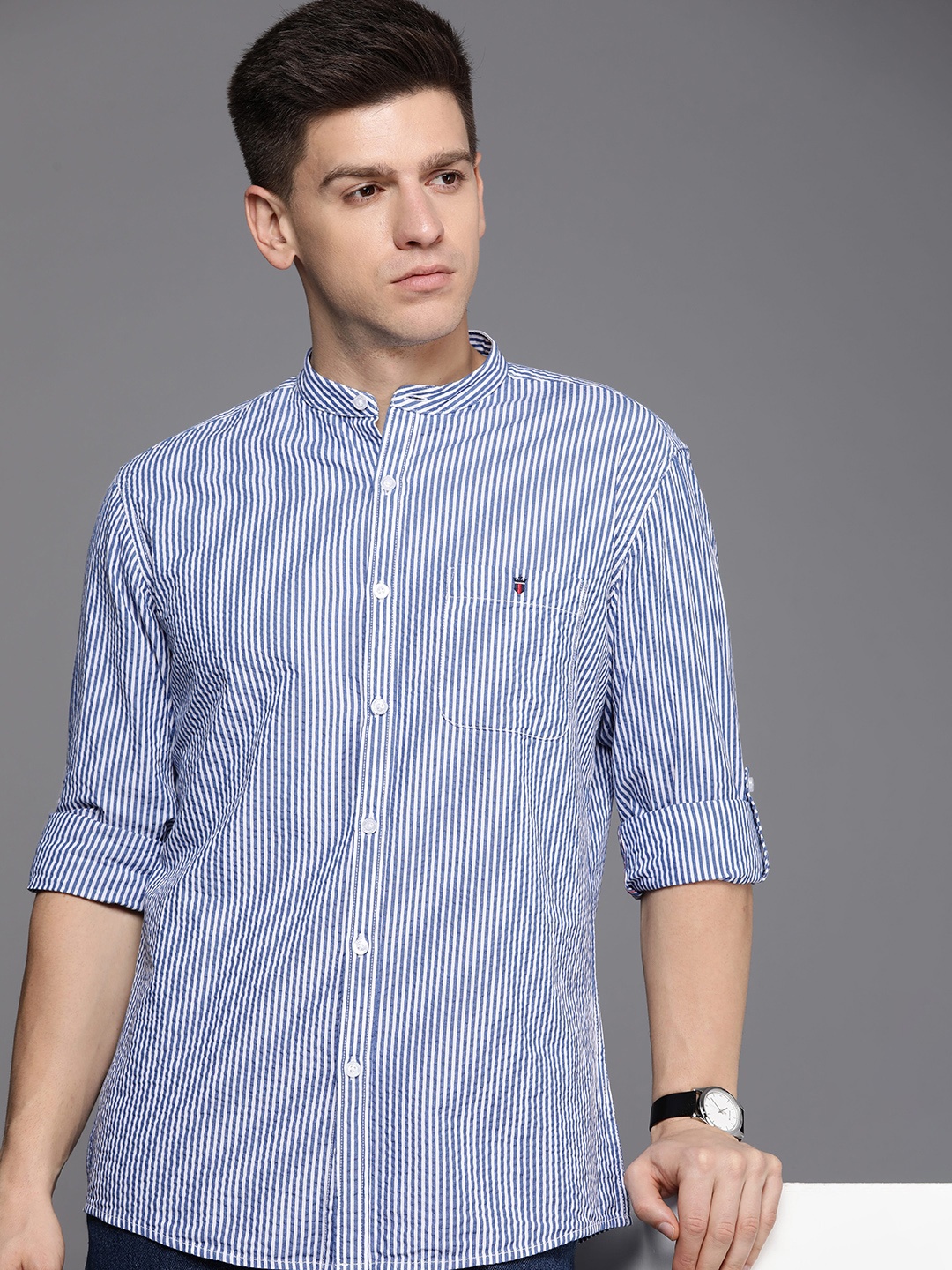 

Louis Philippe Jeans Men Slim Fit Pure Cotton Striped Casual Shirt, Navy blue