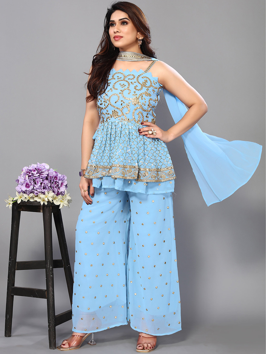 

Twika Ethnic Motifs Embroidered Sequined A Line Kurta With Sharara & Dupatta, Blue