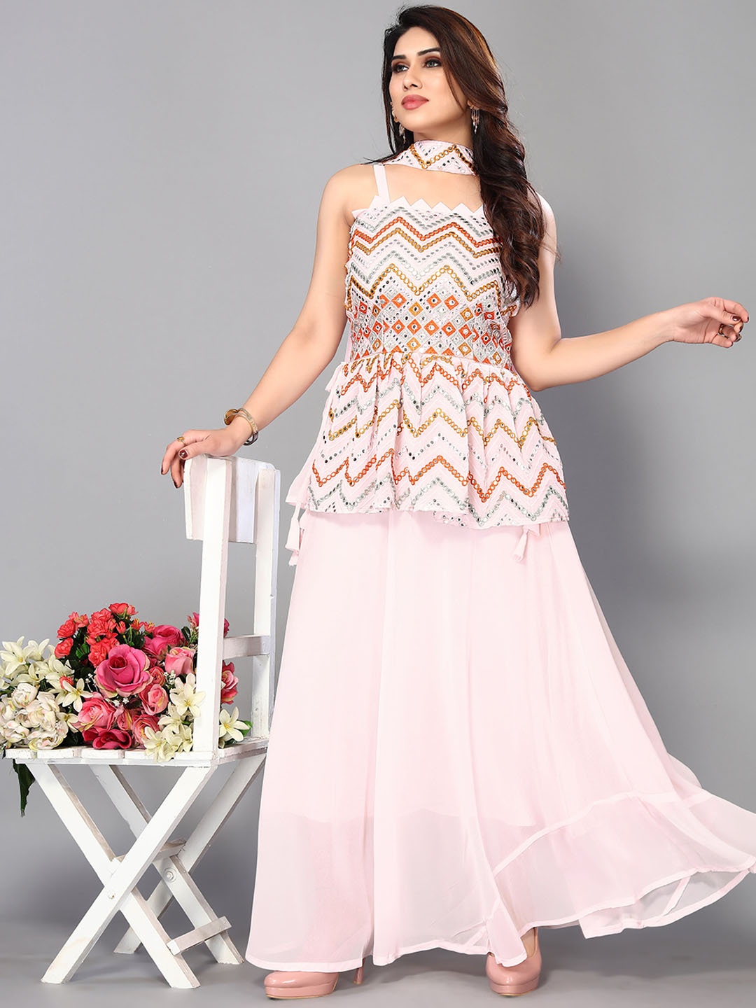 

Twika Geometric Embroidered Shoulder Straps Mirror Work A-Line Kurti & Sharara & Dupatta, Pink