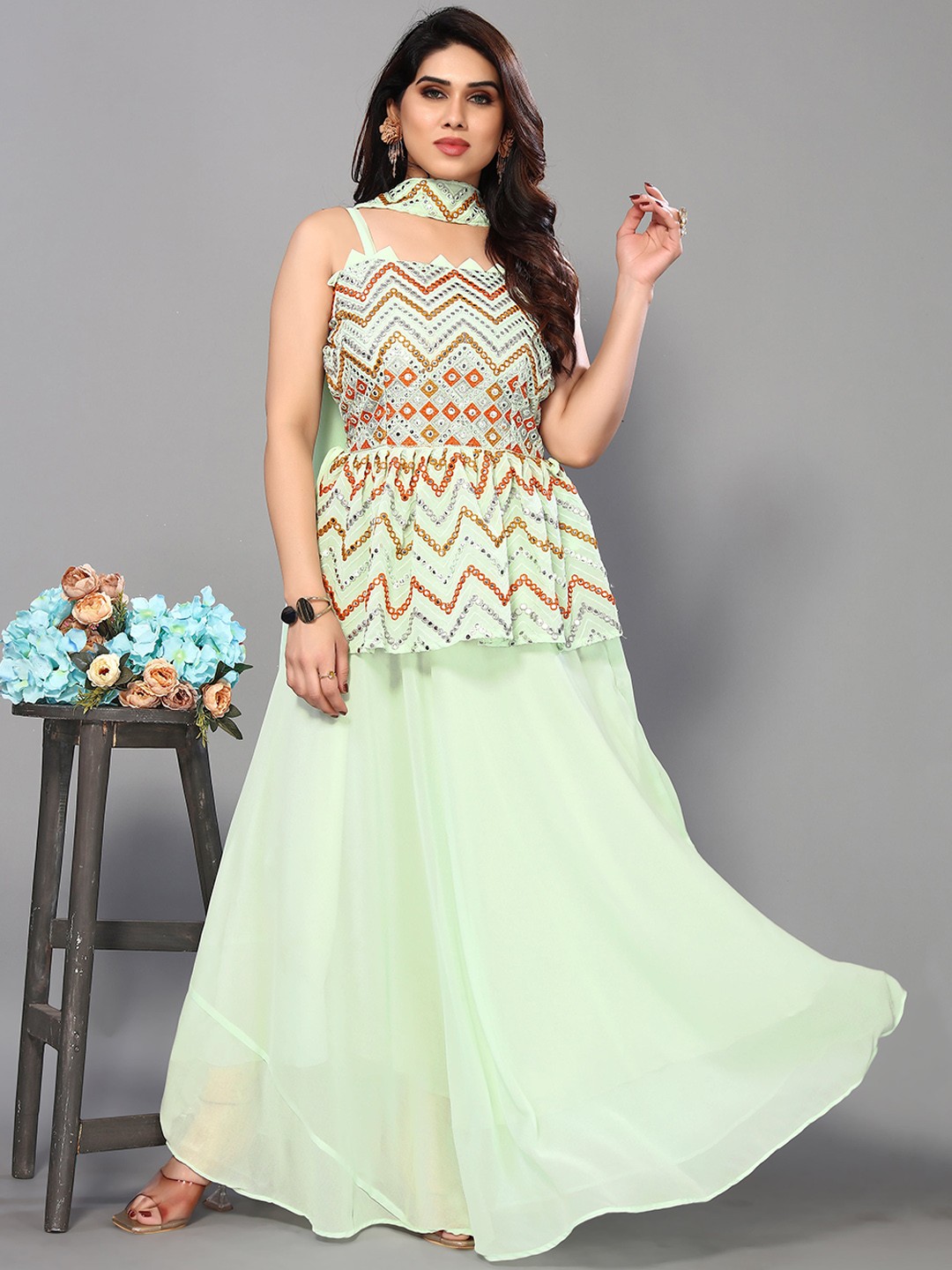 

Twika Ethnic Motifs Embroidered Mirror Work A Line Kurti With Sharara & Dupatta, Lime green