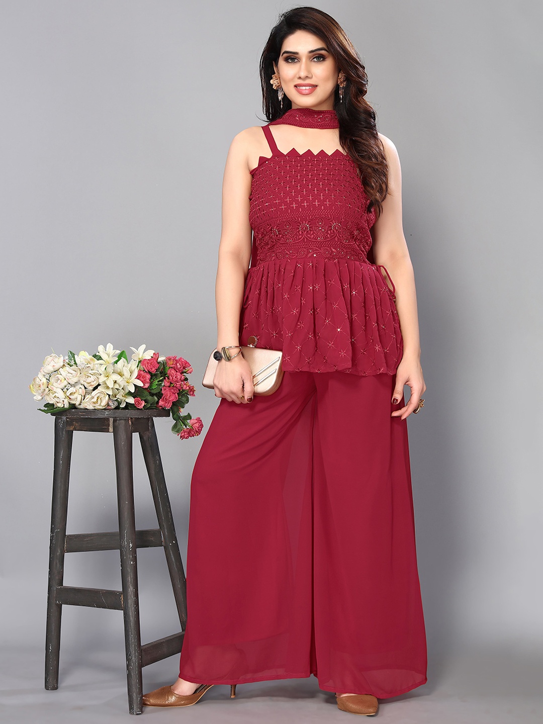 

Twika Floral Embroidered Shoulder Straps Sequined A-Line Kurti & Sharara With Dupatta, Maroon