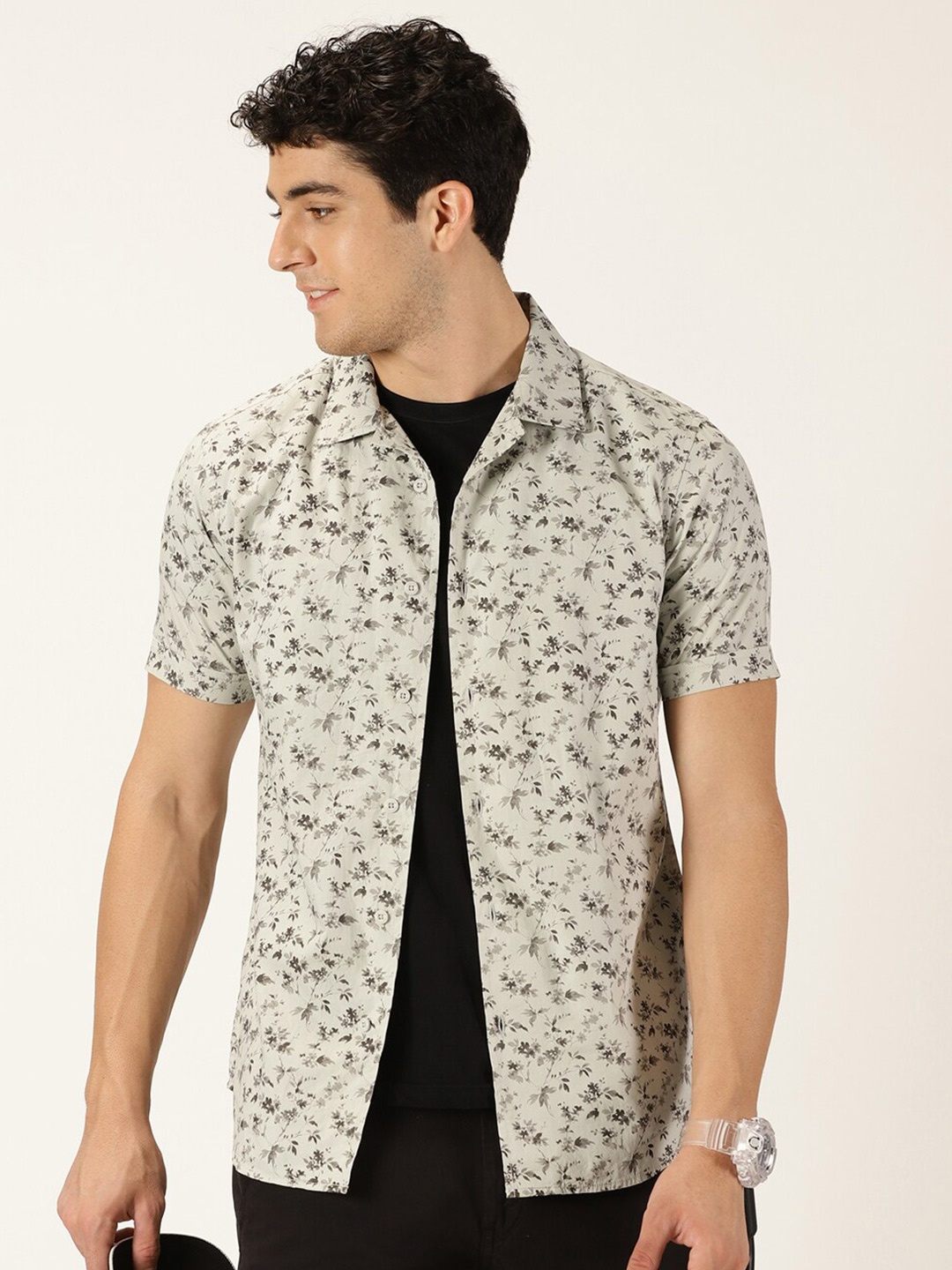 

Moda Rapido Grey Classic Slim Fit Floral Printed Pure Cotton Casual Shirt