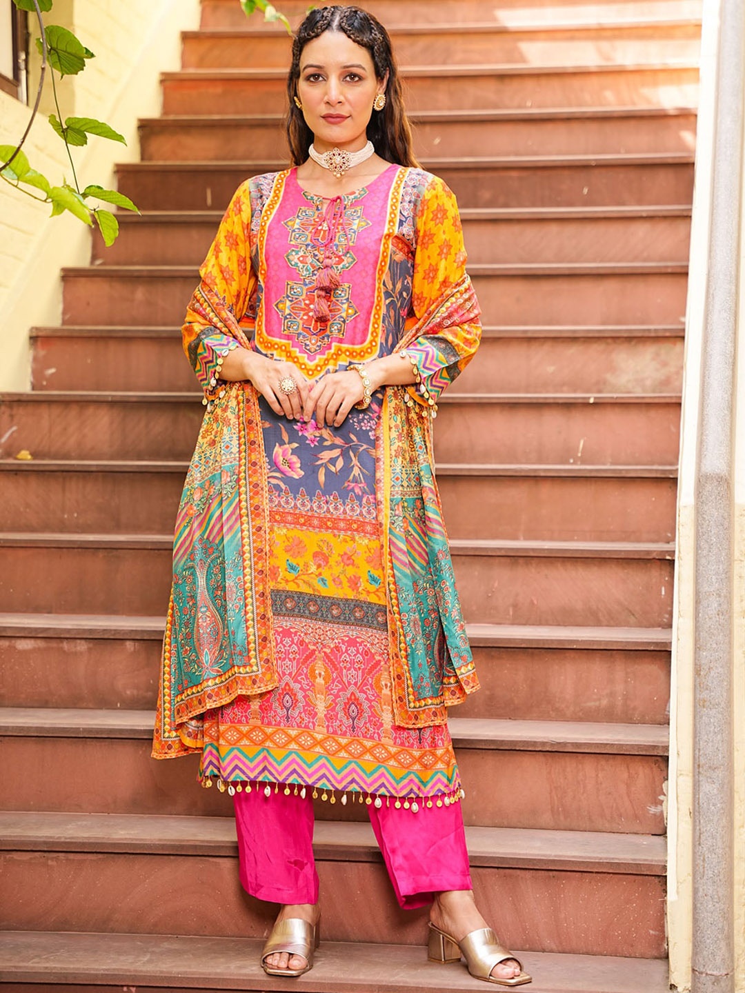 

FASHION DWAR Ethnic Motifs Printed Sequined Straight Kurta With Trousers & Dupatta, Yellow