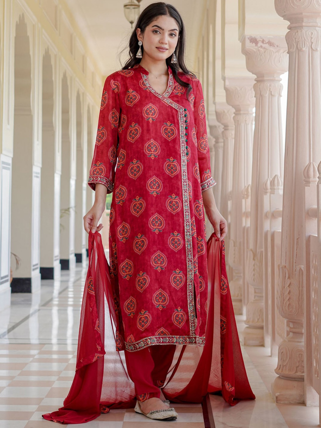 

FASHION DWAR Ethnic Motifs Printed Georgette A Line Kurta With Trousers & Dupatta, Red