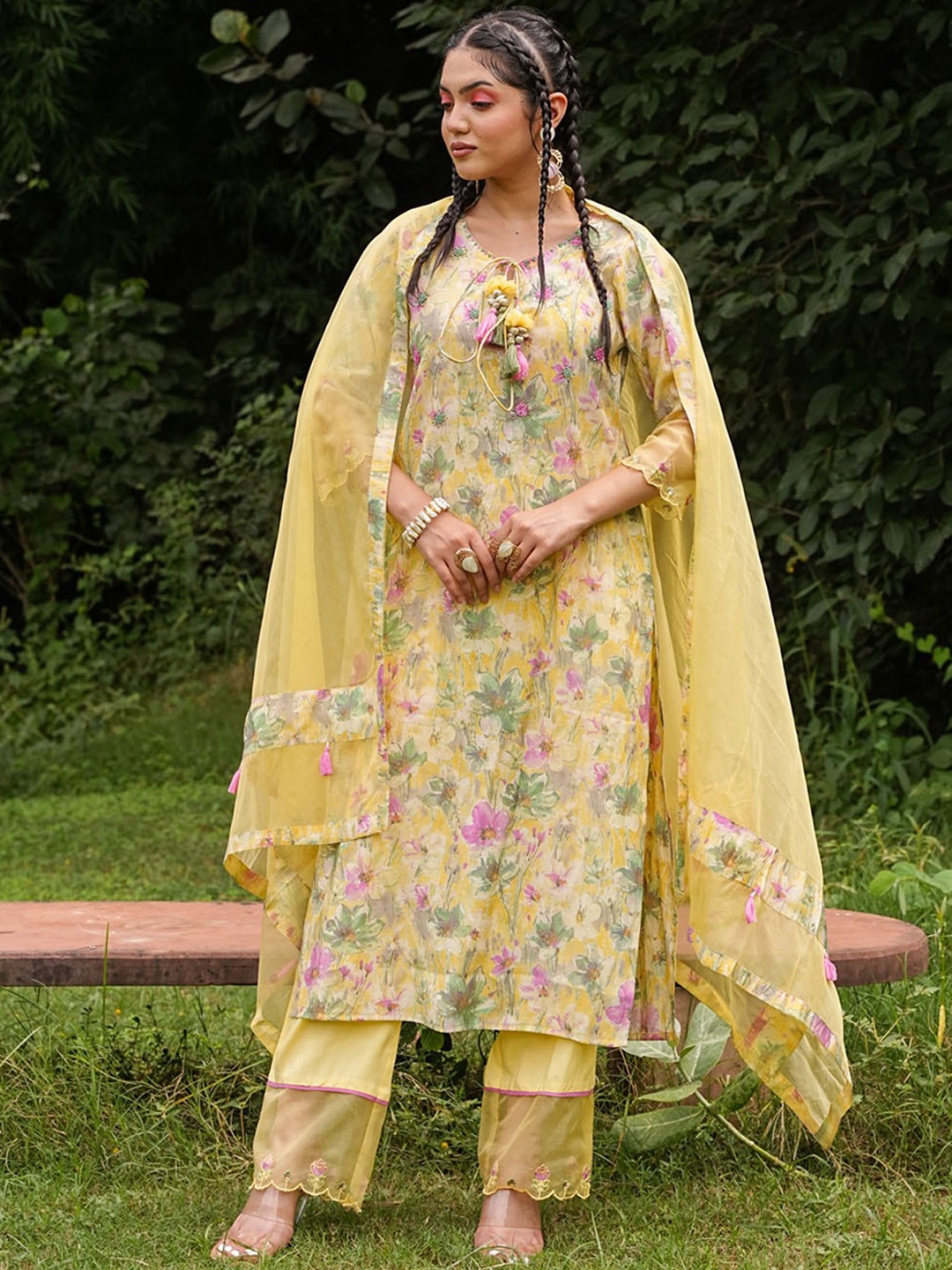 

FASHION DWAR Floral Printed Chanderi Cotton Kurta With Trousers & Dupatta, Yellow