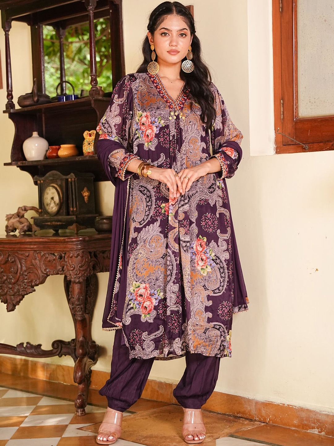 

FASHION DWAR Floral Printed A-line Kurta With Trousers & Dupatta, Purple