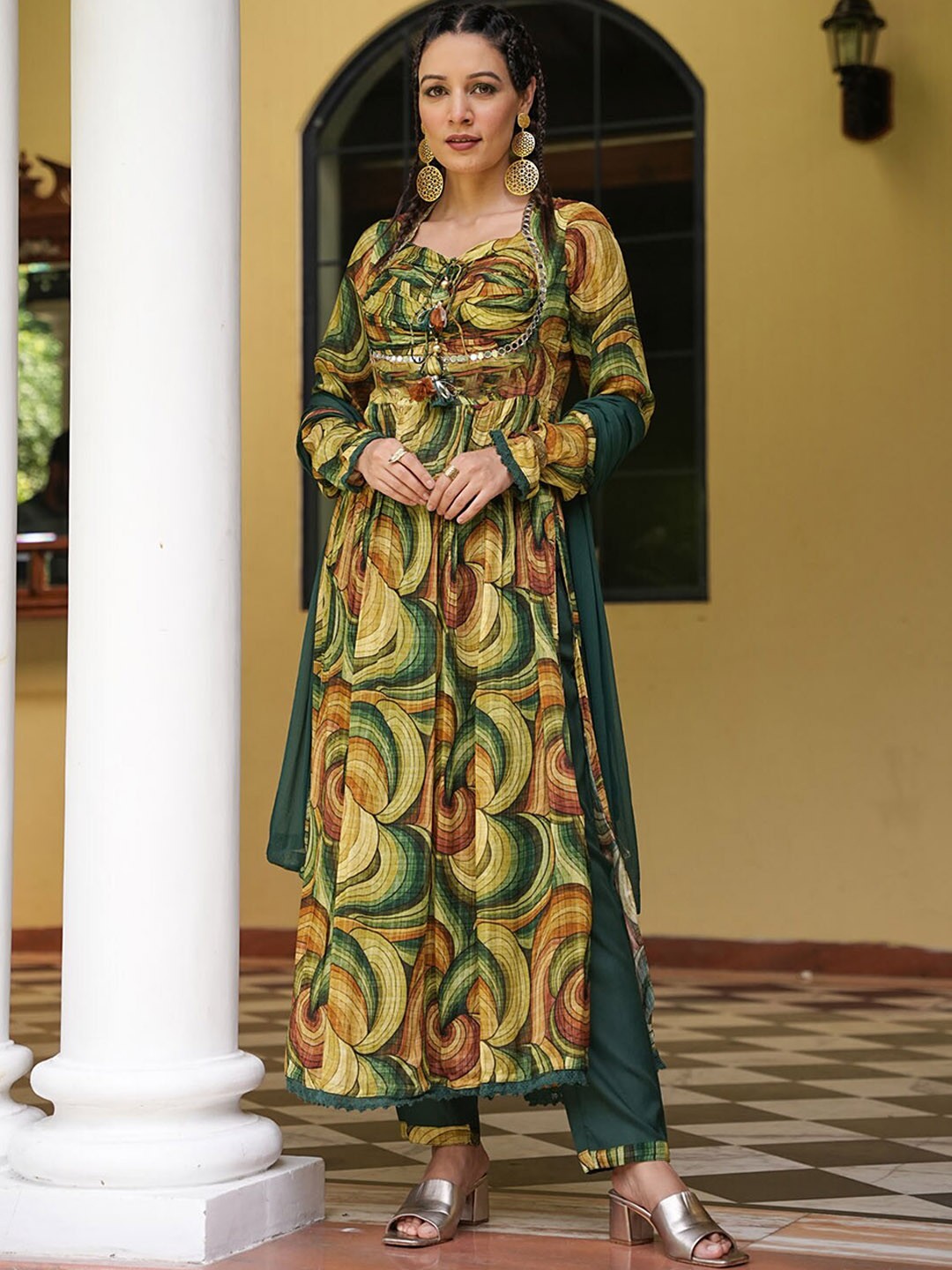 

FASHION DWAR Abstract Printed Pleated Mirror Work Kurta With Trousers & Dupatta, Green