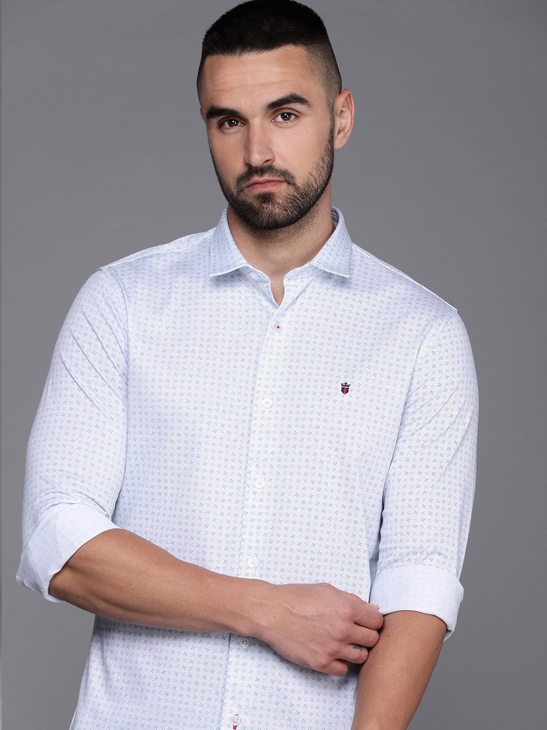 

Louis Philippe Sport Pure Cotton Smart Slim Fit Geometric Printed Casual Shirt, White