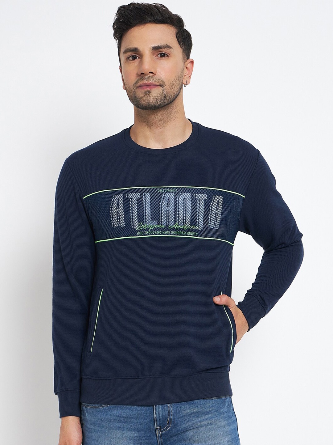 

Duke Printed Round Neck Fleece Pullover, Navy blue