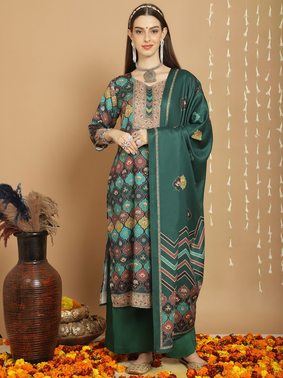 

Stylee LIFESTYLE Ethnic Motifs Printed Pashmina Unstitched Dress Material, Green