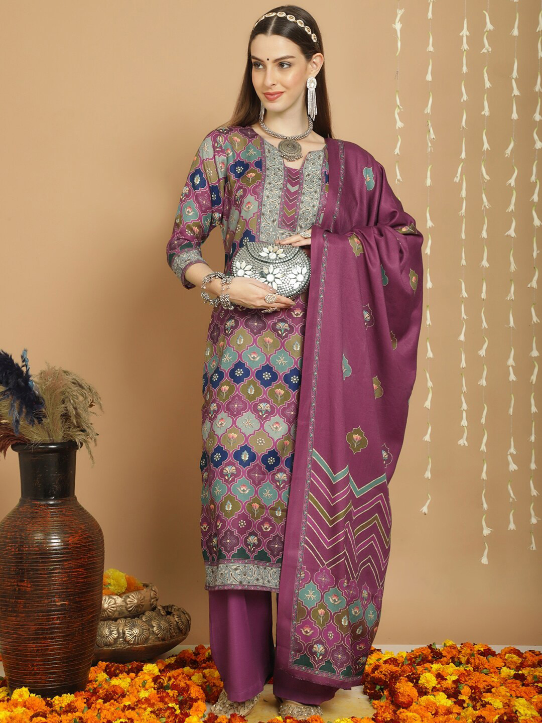 

Stylee LIFESTYLE Ethnic Motifs Printed Pashmina Unstitched Dress Material, Purple