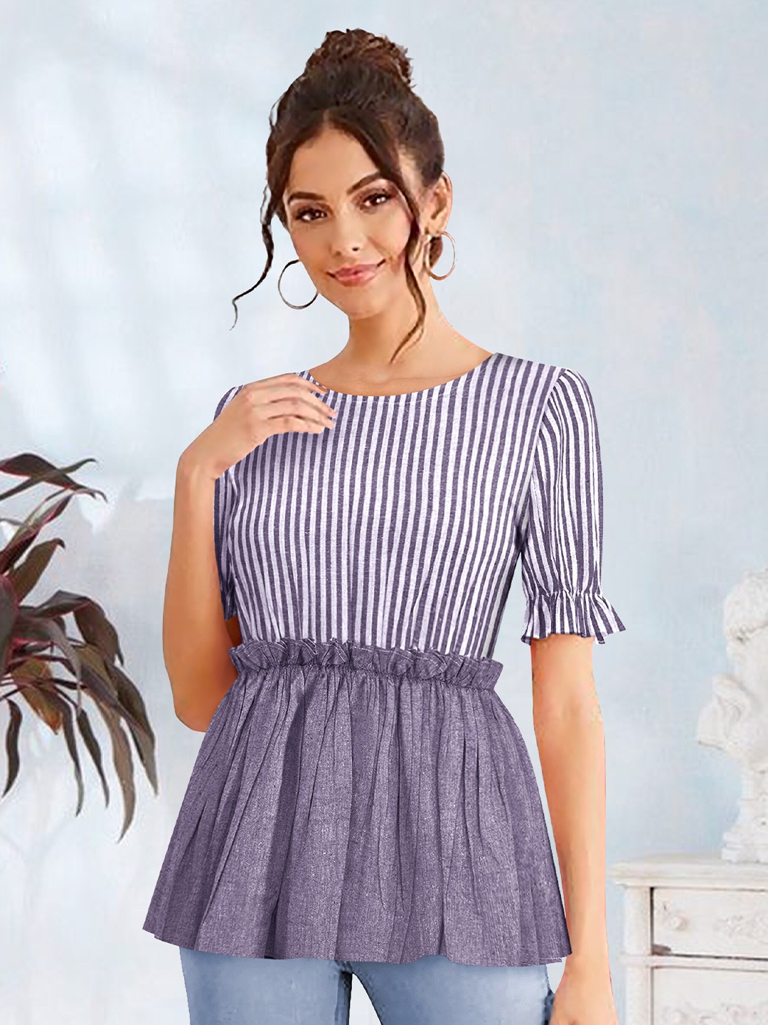 

BAESD Vertical Striped Puff Sleeves Gathered Detailed Peplum Top, Purple