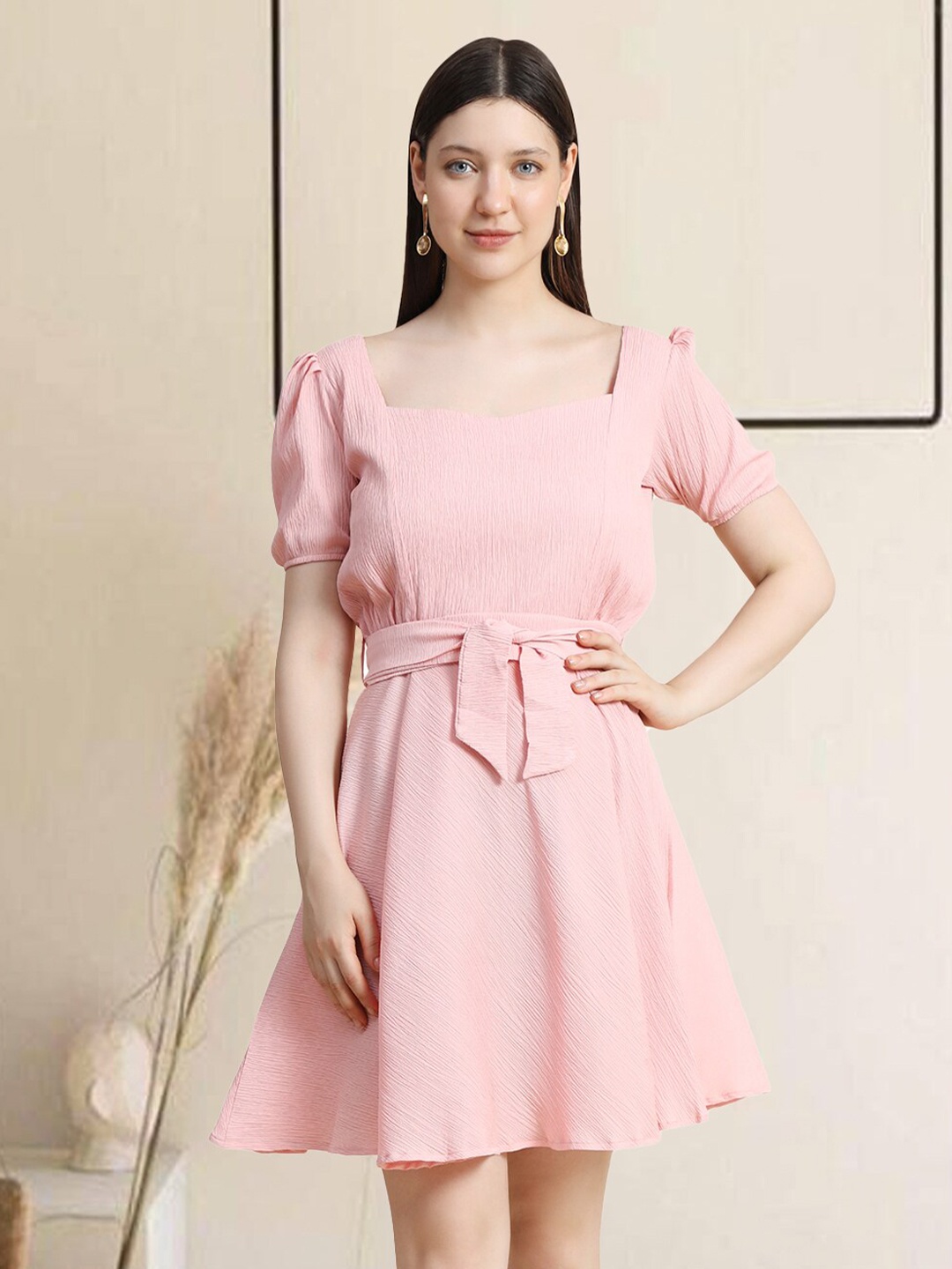 

BAESD Square Neck Puff Sleeves Fit & Flare Dress With Belt, Peach