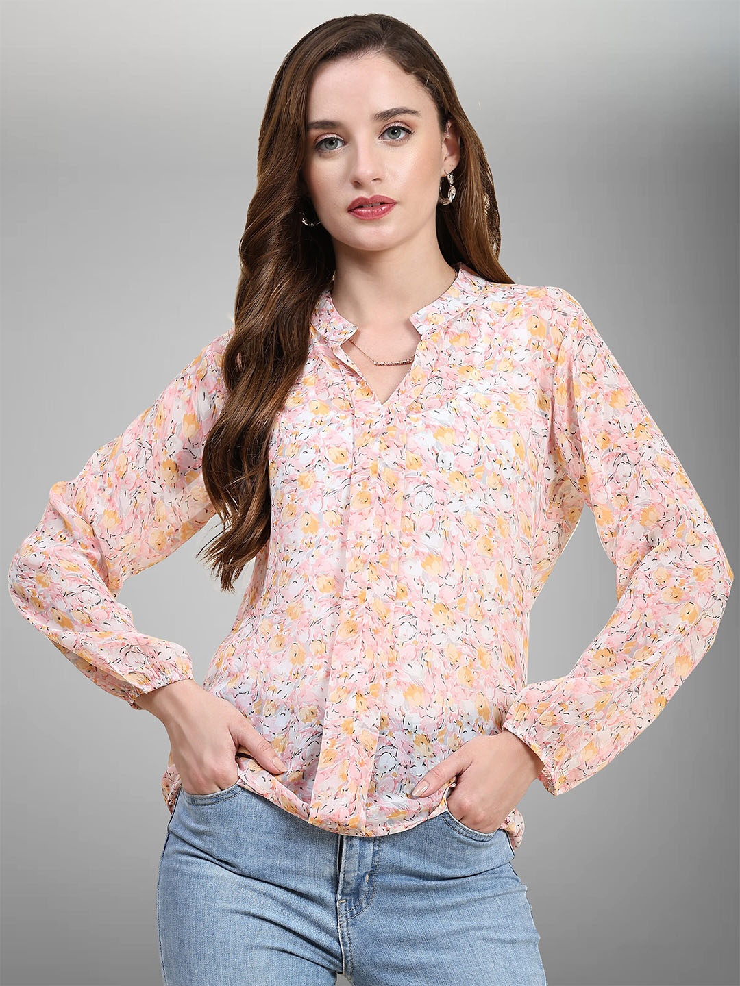 

BAESD Floral Printed Mandarin Collar Georgette Shirt-Style Top, Peach