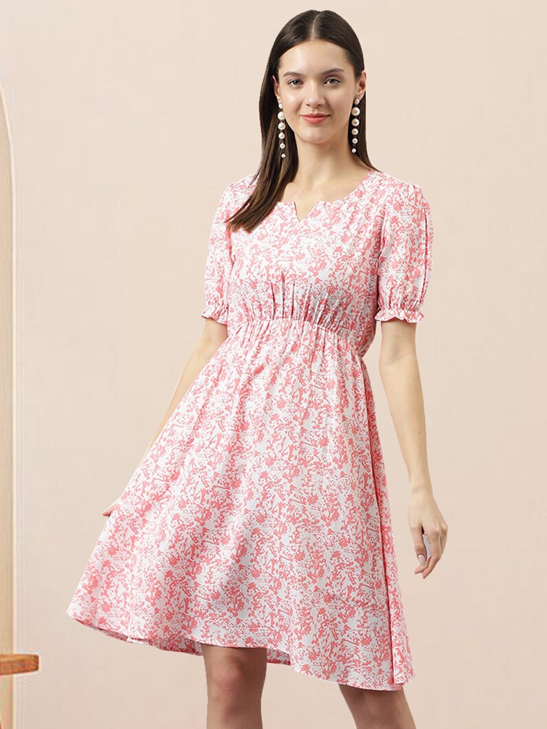 

BAESD Abstract Printed Puff Sleeve Fit & Flare Dress, Pink