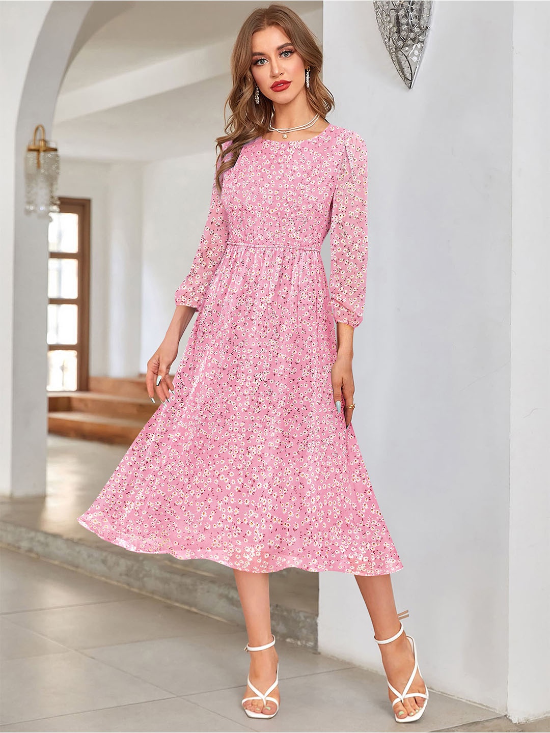 

BAESD Floral Printed Round Neck Puff Sleeve Georgette Fit & Flare Midi Dress, Pink