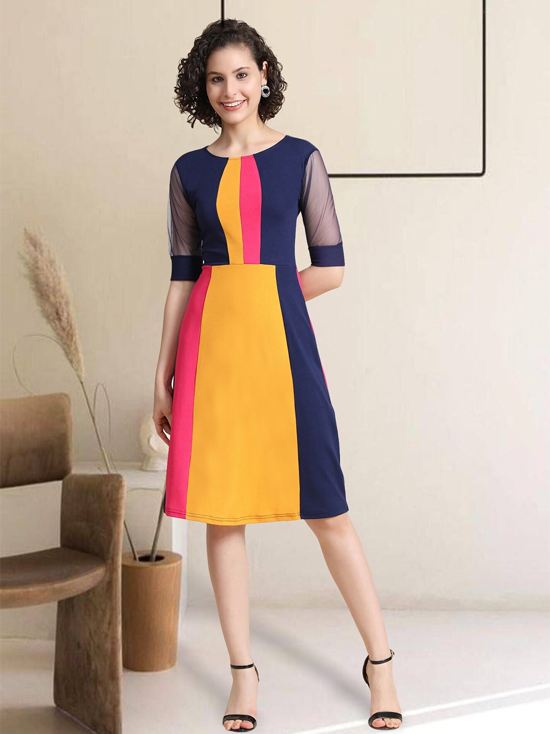 

BAESD Colourblocked Round Neck Short Sleeves A-Line Dress, Yellow
