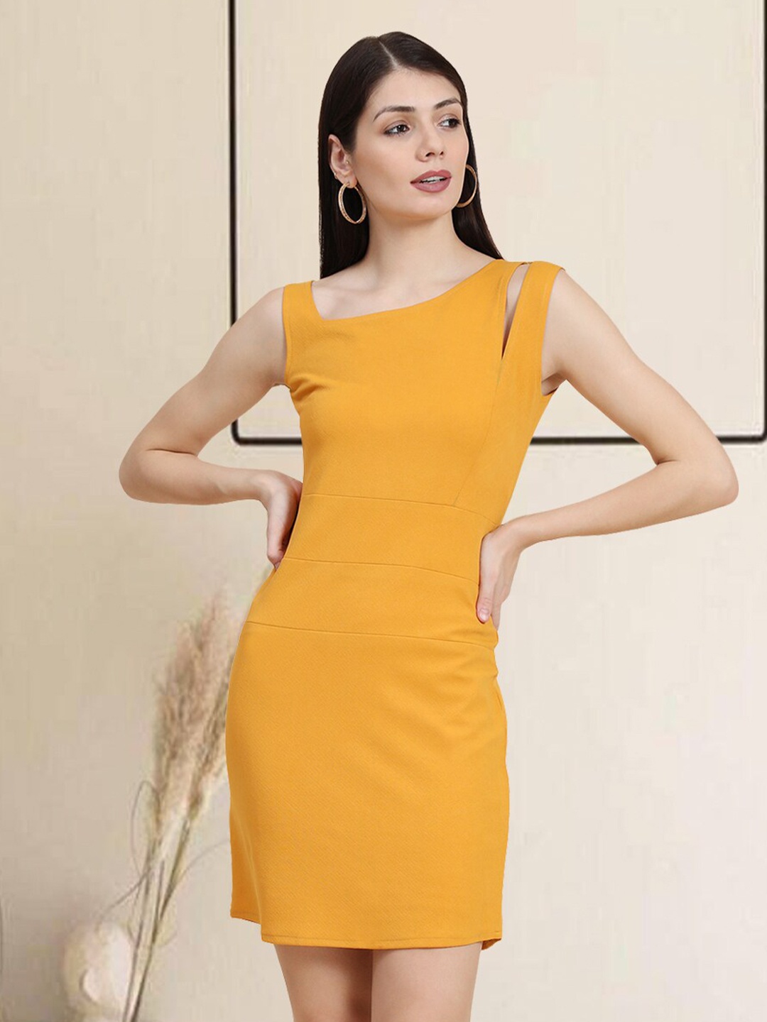 

BAESD Asymmetric Neck Cut-Out Details Bodycon Dress, Mustard
