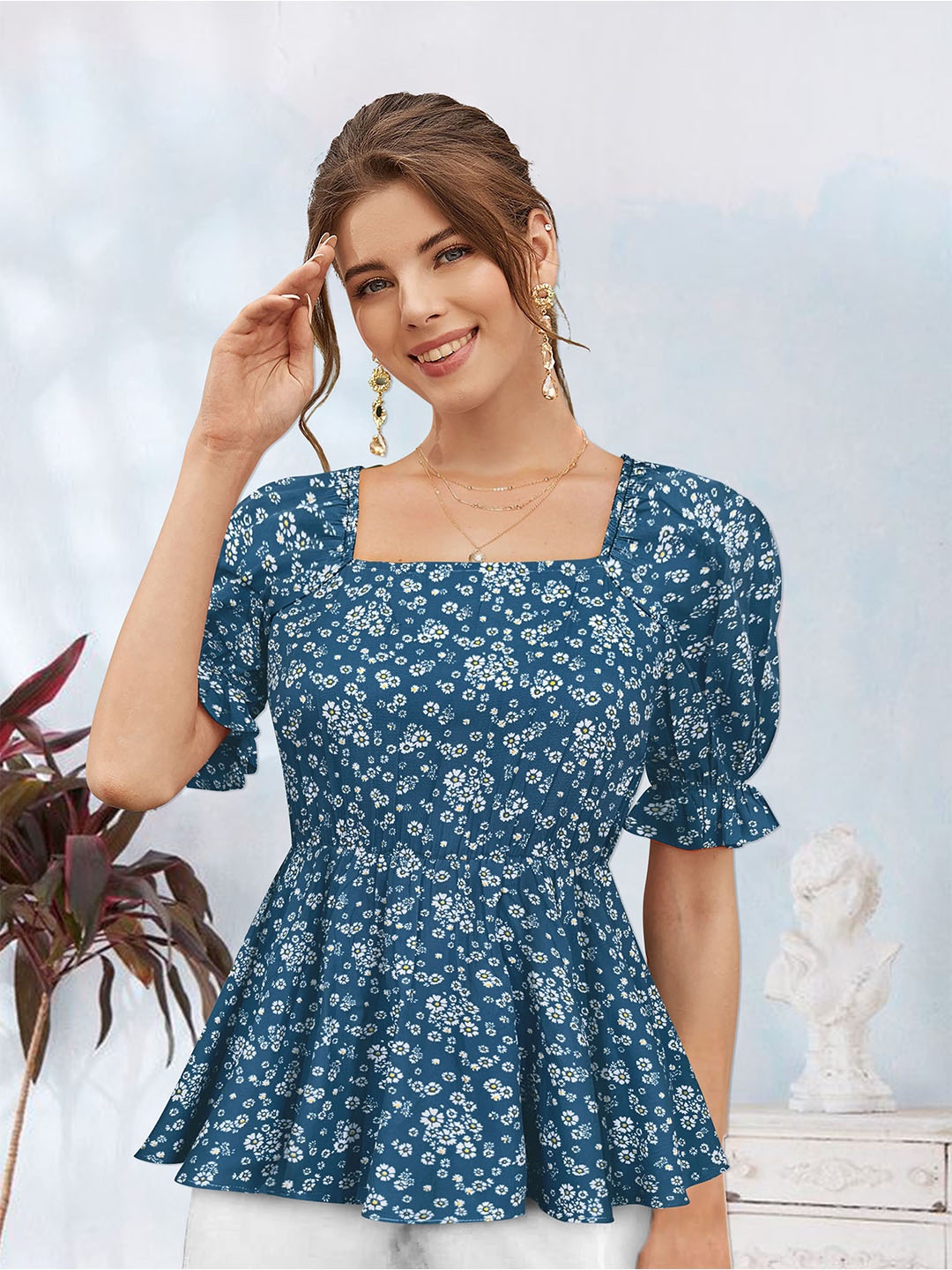 

BAESD Floral Printed Puff Sleeves Peplum Top, Teal