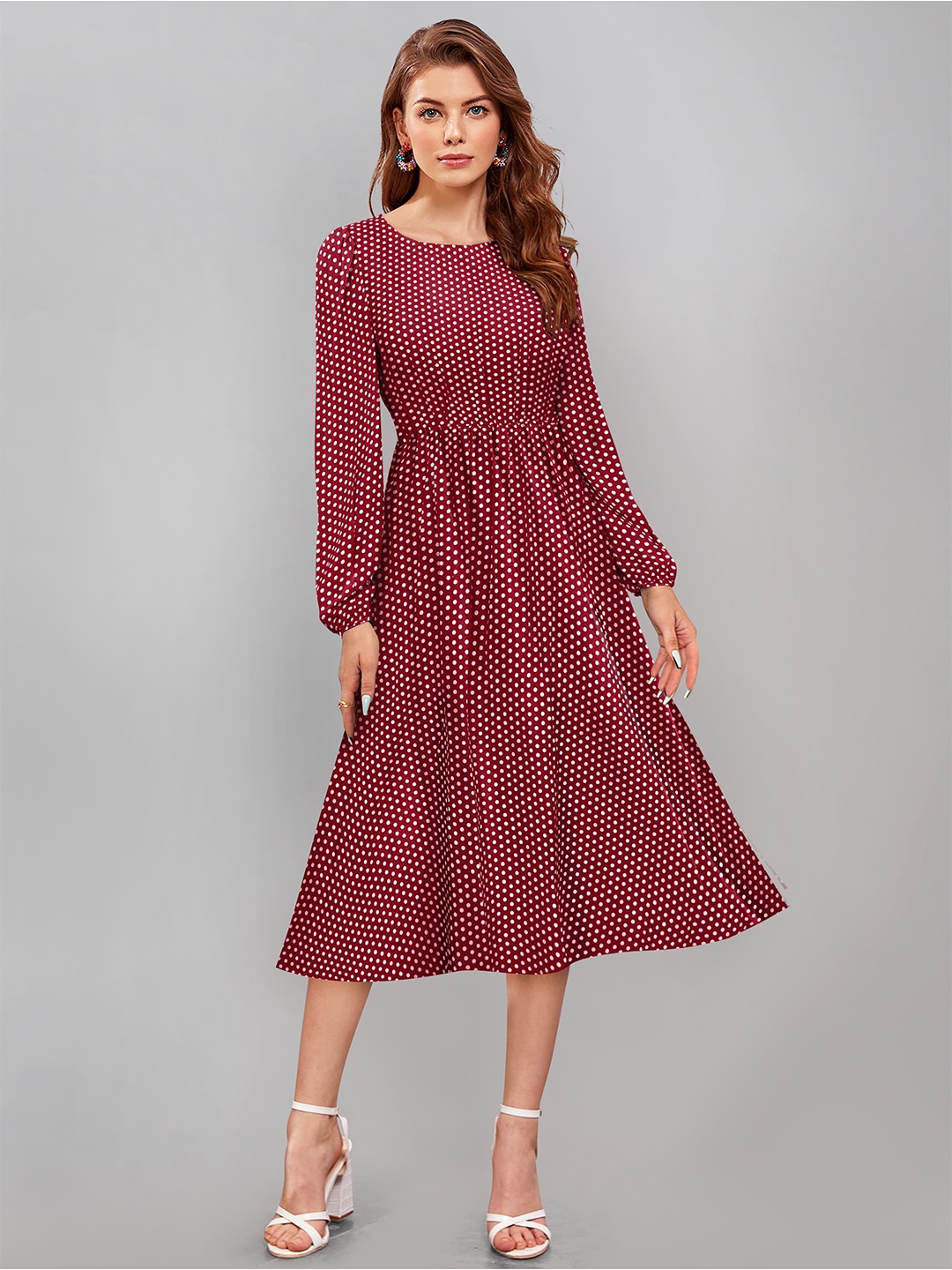 

BAESD Polka Dot Printed Puff Sleeves Gathered Detailed Cotton Fit & Flare Midi Dress, Maroon