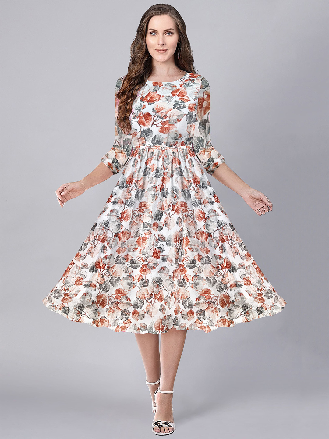 

BAESD Floral Printed Round Neck Puff Sleeve Georgette Fit & Flare Midi Dress, White