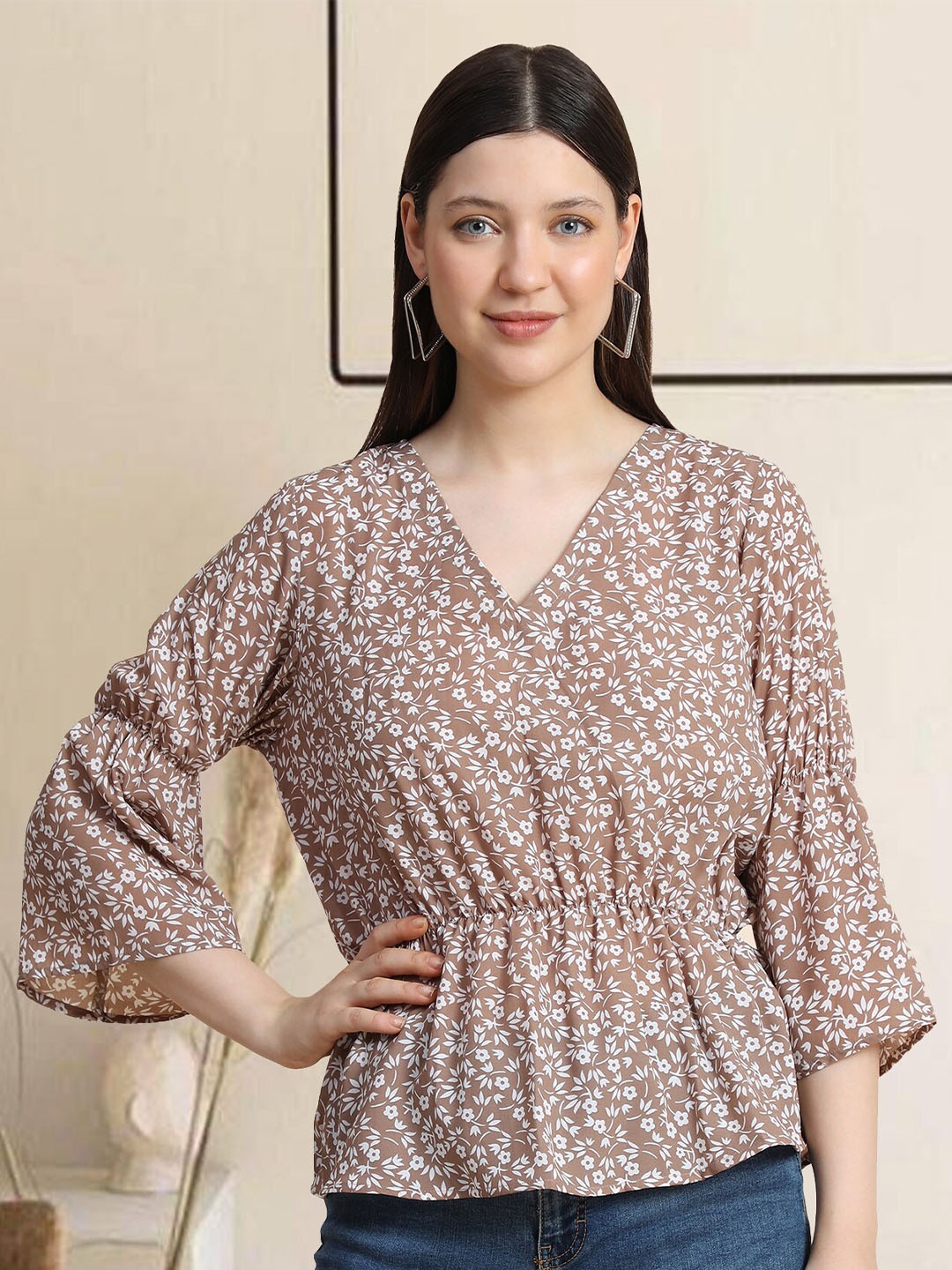 

BAESD Floral Print Puff Sleeve Crepe Wrap Top, Brown