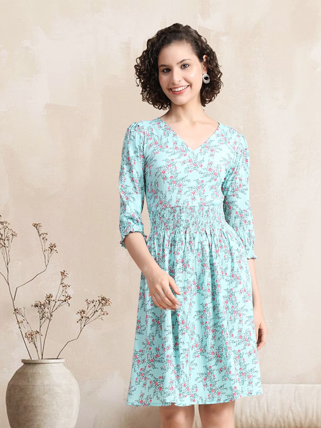 

BAESD Floral Printed V-Neck Puff Sleeves Smocked Cotton Fit & Flare Dress, Blue