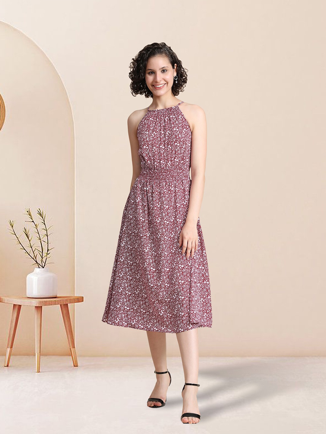 

BAESD Floral Printed Halter Neck Sleeveless Gathered Fit & Flare Midi Dress, Maroon