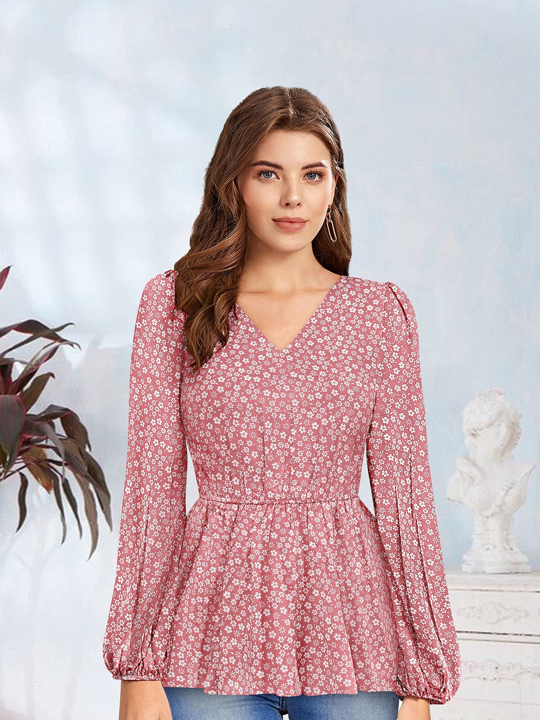 

BAESD Floral Print Bishop Sleeve Crepe Peplum Top, Peach