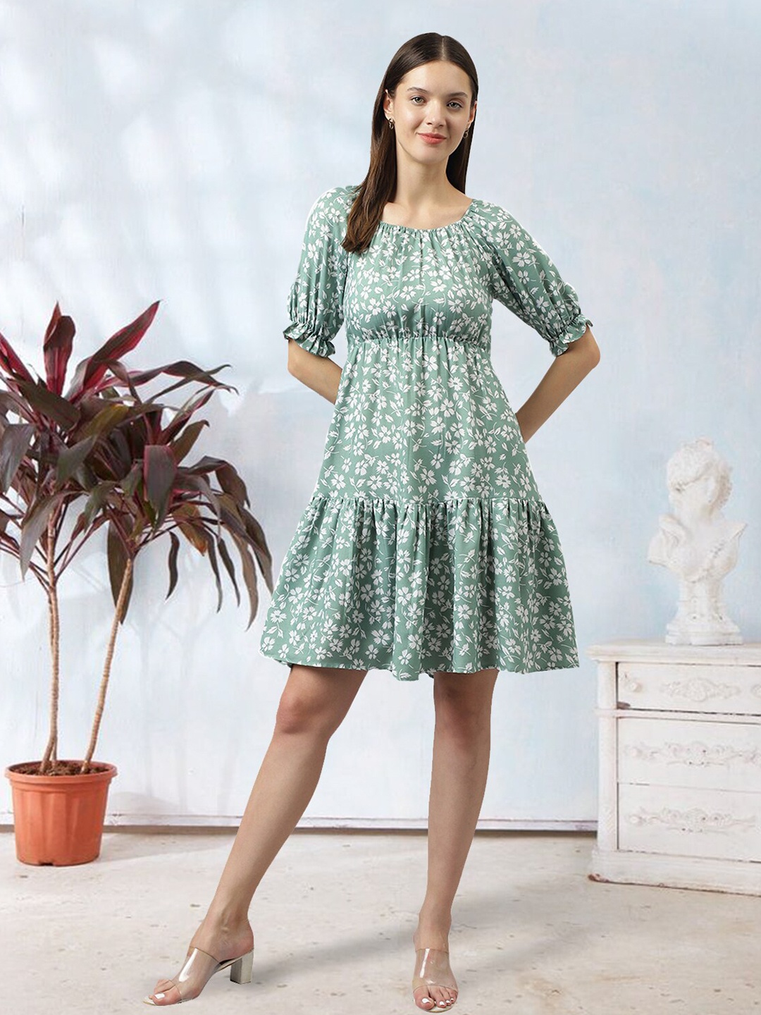 

BAESD Floral Printed Puff Sleeves Gathered Detailed Fit & Flare Dress, Sea green