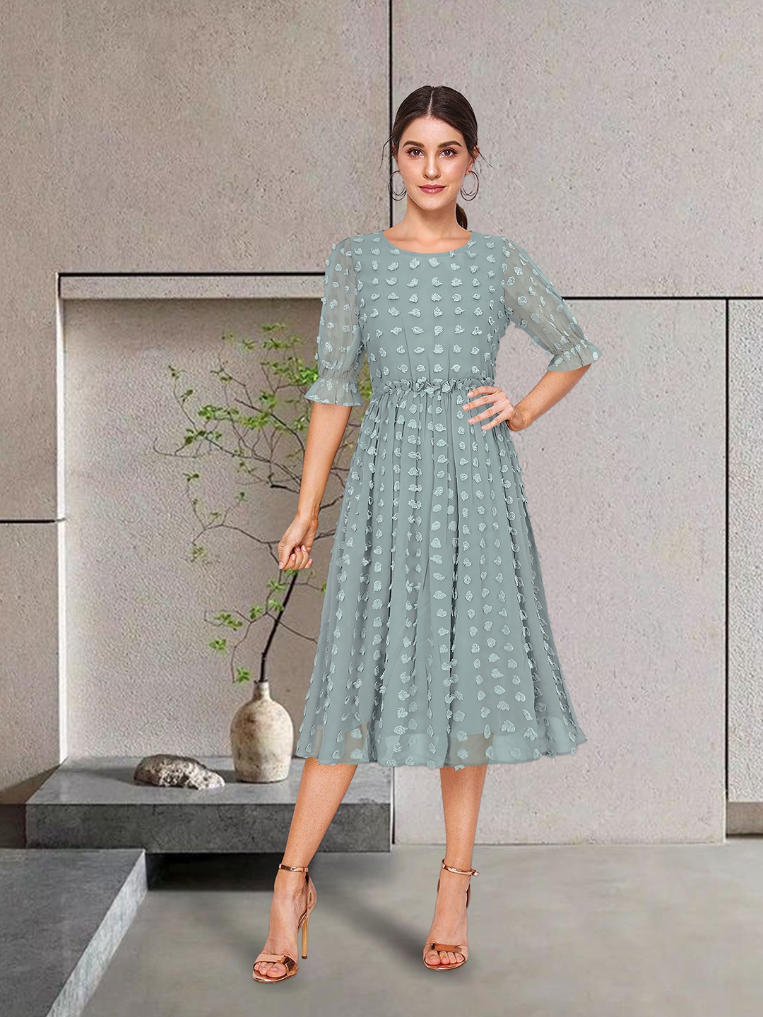 

BAESD Self Design Puff Sleeves Georgette Fit & Flare Midi Dress, Sea green